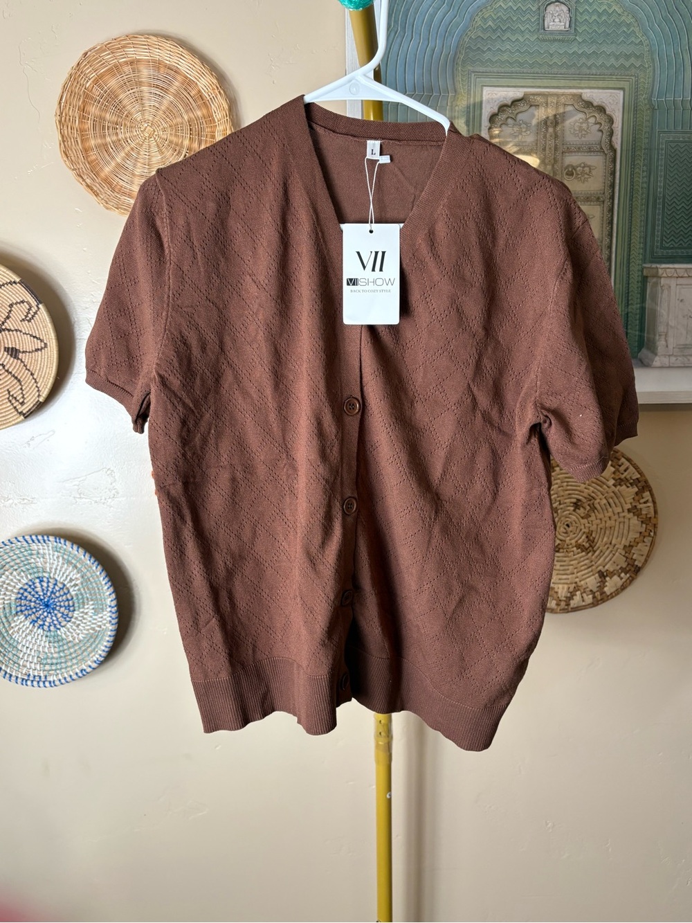 Brown Short-Sleeve Button Cardigan